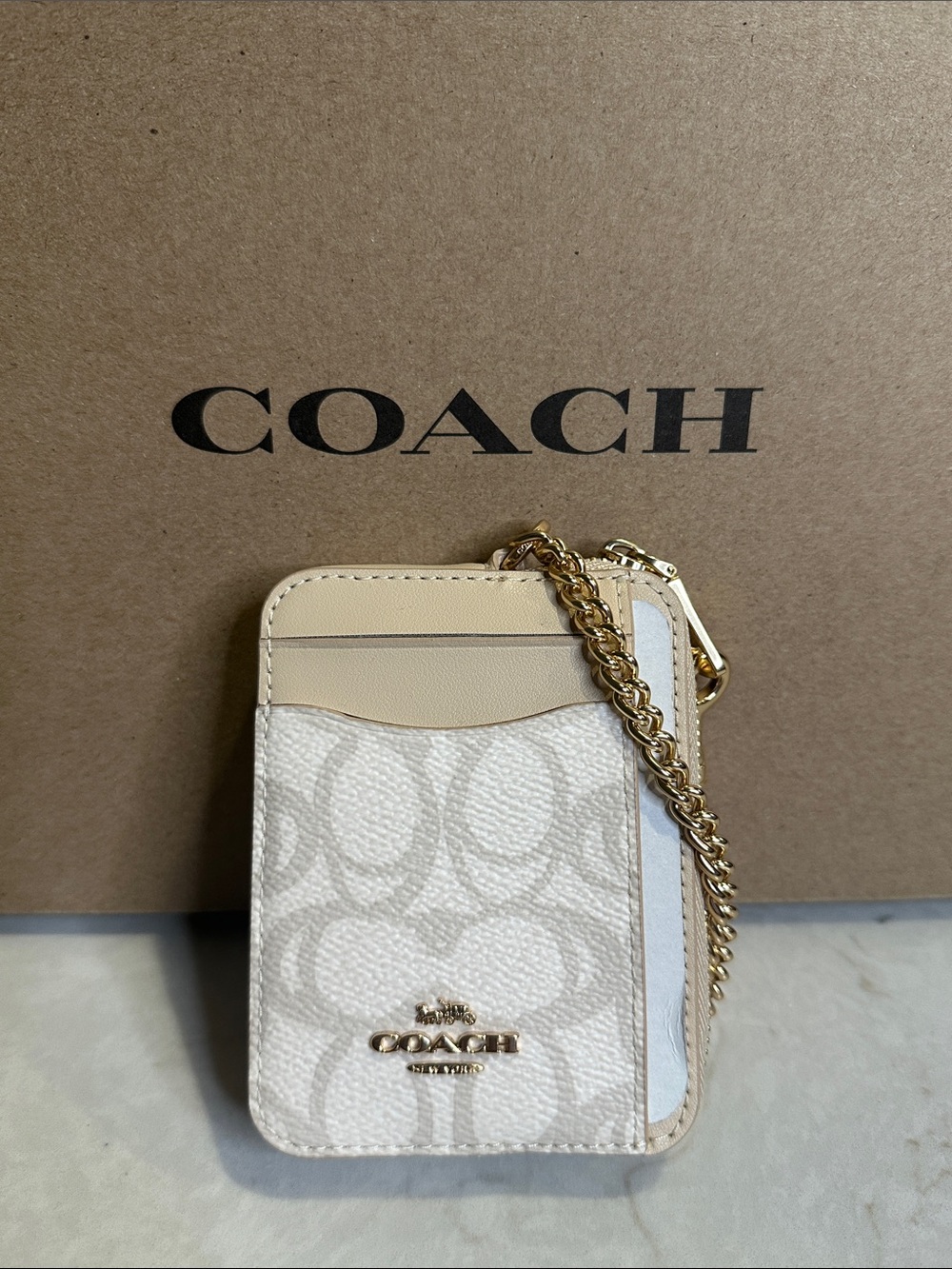 Coach Cream and Beige Signature Zip Around Card Case with Gold Chain